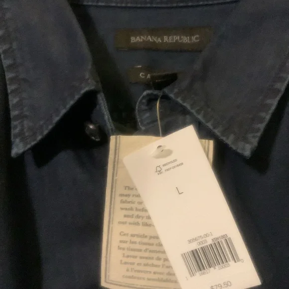 NWT Indigo Denim Button front Collar Long Sleeve Shirt Size Large Rounded hem - Picture 2 of 5